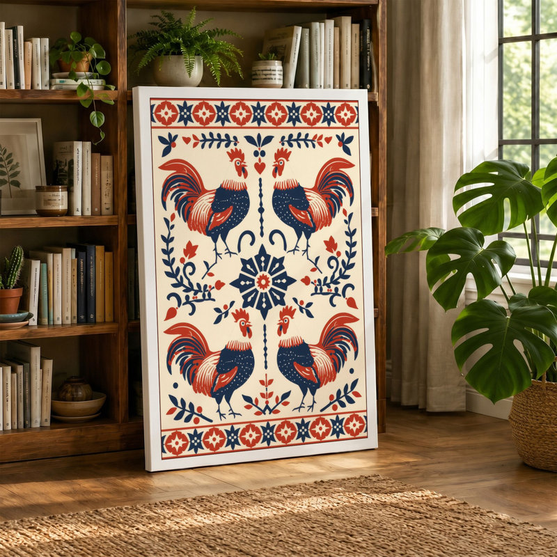 Four Roosters Grid Eclectic - Wrapped Canvas, 18x12 - 45.7 x 30.5 cm, Taupe Border