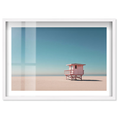 Décoration de bord de mer rose "Lifeguard Stand" par Notoriart, cadre blanc, 15 x 10