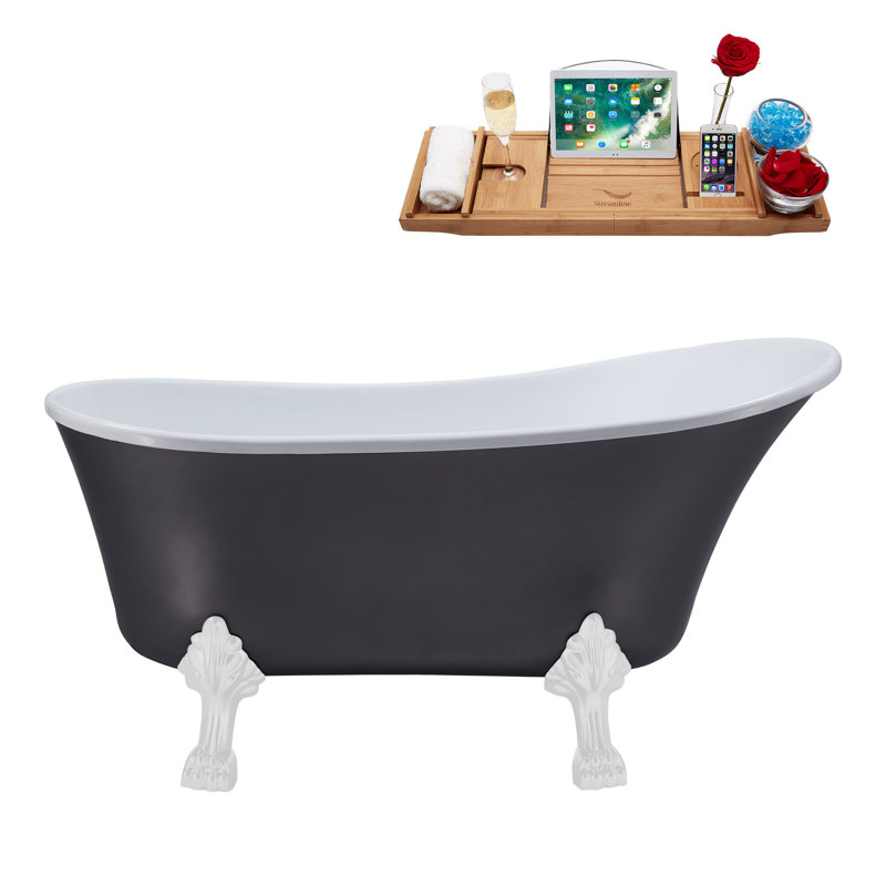55" Streamline Clawfoot Soaking Acrylic Bathtub With Drain, Clawfeet, and Bamboo Tray, Glossy White, Brushed Gold