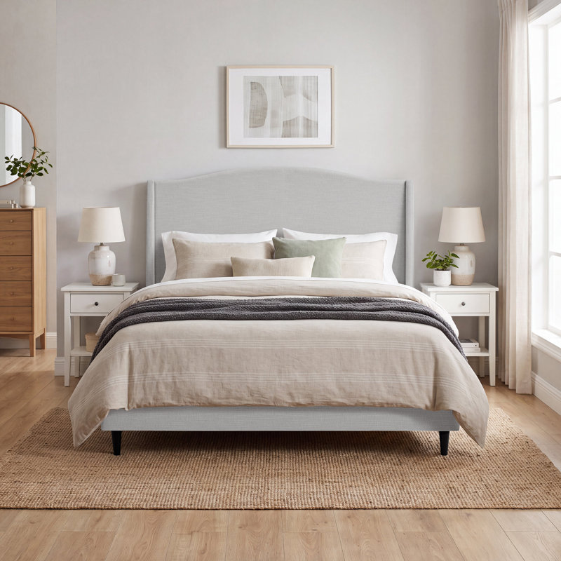 Ana Upholstered Wingback Platform Bed with Curved Headboard, King, Gray