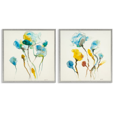 Aquarelle bleu sarcelle et fleurs jaunes, ensemble de 2 giclées par Patti Mann