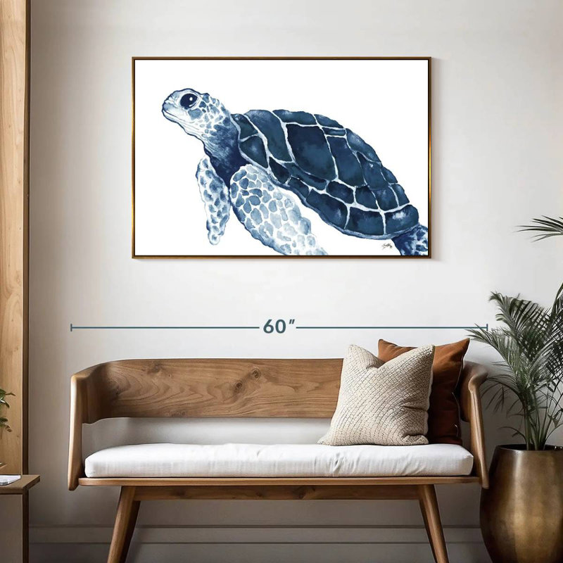 Tortue dans les bleus, Cadre flottant doré, 43 po x 29 po