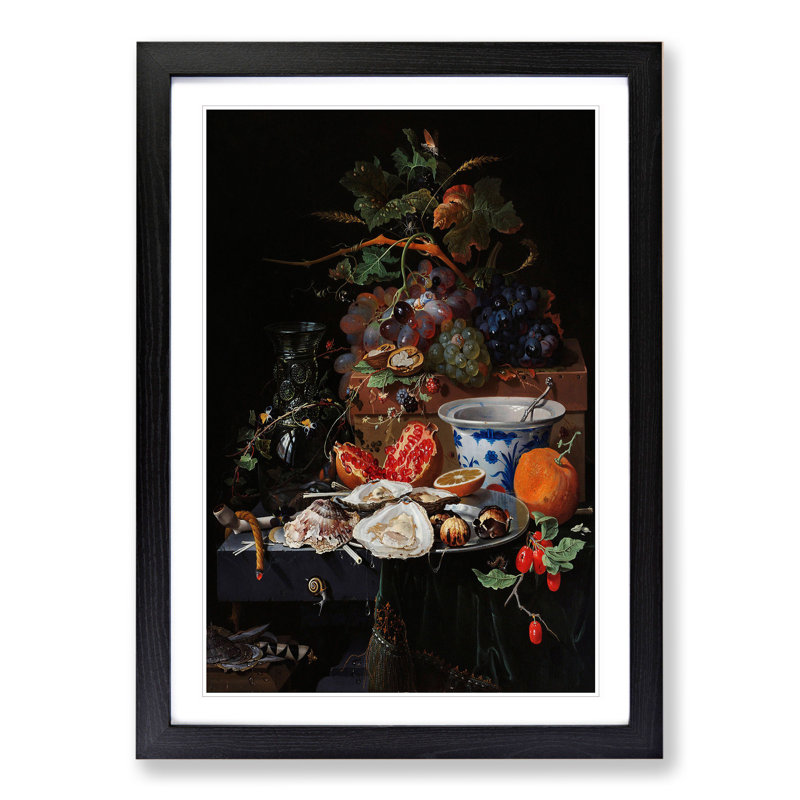 Fruits and Oysters Vol.2 by Abraham Mignon - Picture Frame Painting, Black Framed, 48cm H x 36cm W x 2cm D