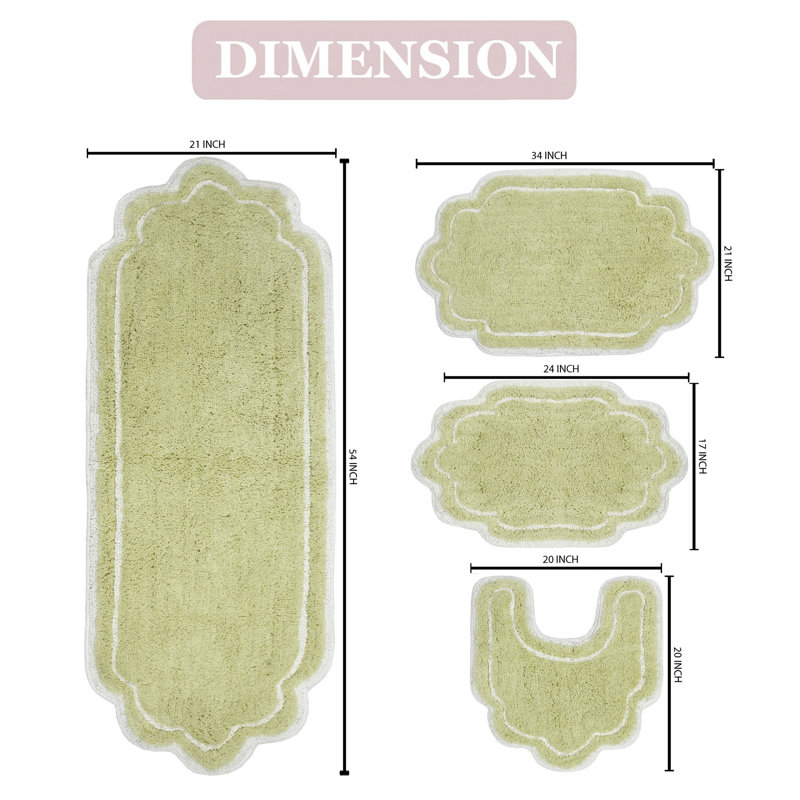 Dobrinsky 100% Cotton Bath Rug and Contour Mat, Machine Washable, Quick Dry, Absorbent - 4 Piece Set, Green