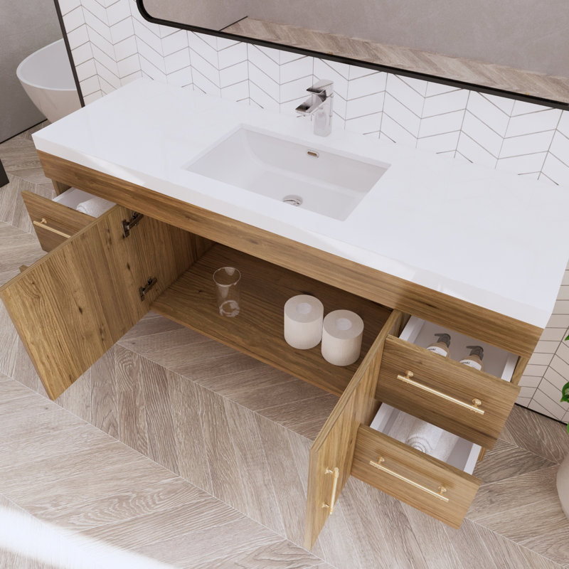 Berner 59" Wall-Mounted Single Bathroom Vanity Set, Natural Oak