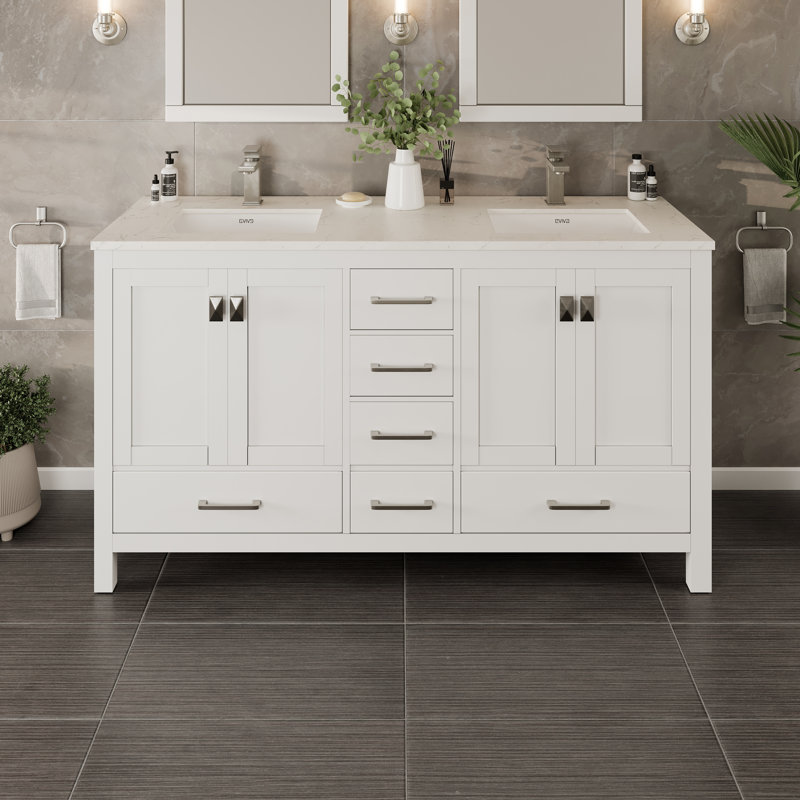 London Double Sink White Bathroom Vanity with Carrara Quartz Countertop