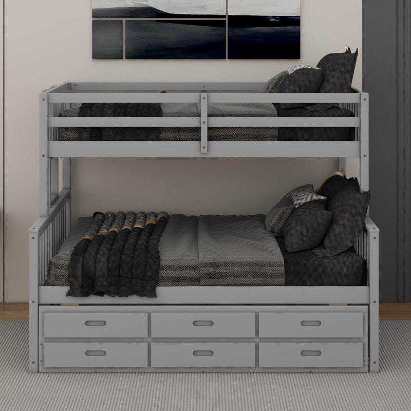 Lit simple superposé au dessus d'un lit double avec tiroirs et lit gigogne, Gris