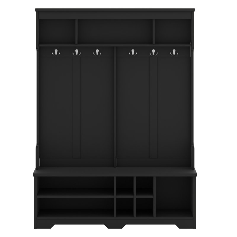 Modern Hallway Hall Tree With Metal Hooks And Storage Space, Multi-Functional Entryway Coat Rack With Shoe Cubbies, Black