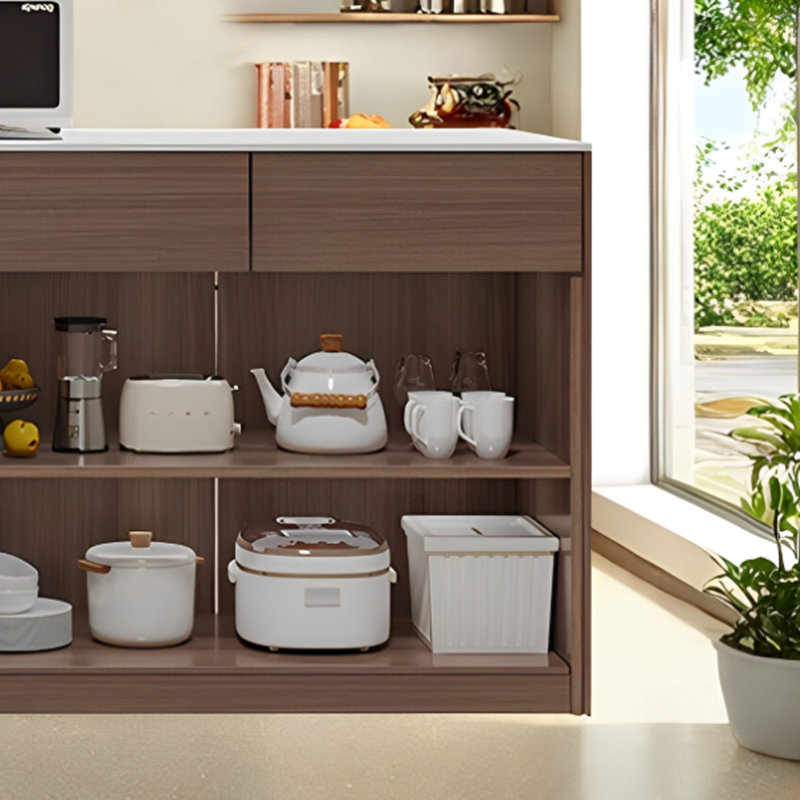 Kitchen Island with Sintered Stone Top, Solid Wood Frame, Drawer and Open Storage, Brown