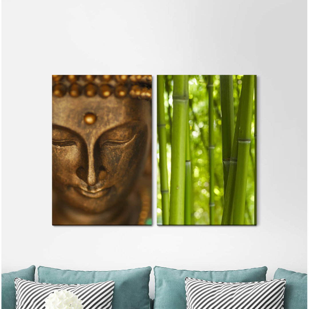 2-tlg. Leinwandbilder-Set - Fotografie „Asia Buddha Head Bronze Statue Bamboo Harmonious Meditation Positive Energy”