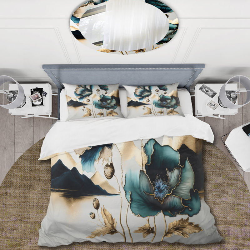 Ensemble de housse de couette dorée et bleue à motif de coquelicots floraux Euphoria