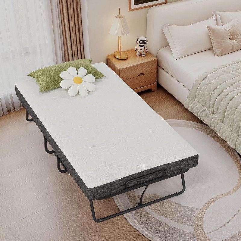 Lit pliant 190 x 97 cm avec matelas en mousse à mémoire de forme de 13 cm, lit d'appoint roulant avec roulettes verrouillables et cadre métallique de 204 kg pour chambre d'amis.