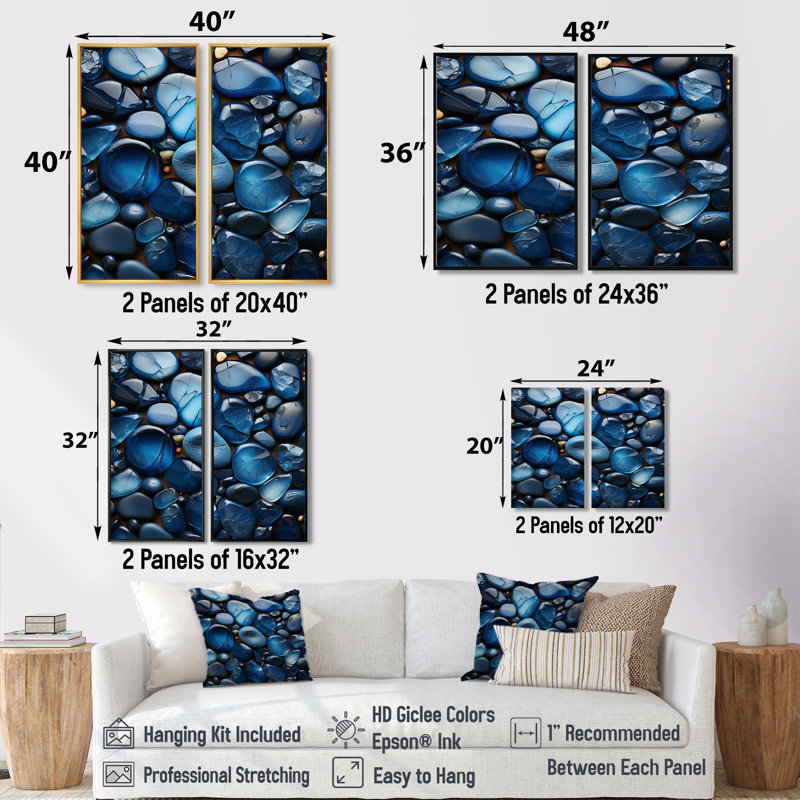 Blue Sapphire Zen Stones - Art traditionnel sur toile rose 2 pièces, 36" H x 48" W, Impression encadrée flottante, White