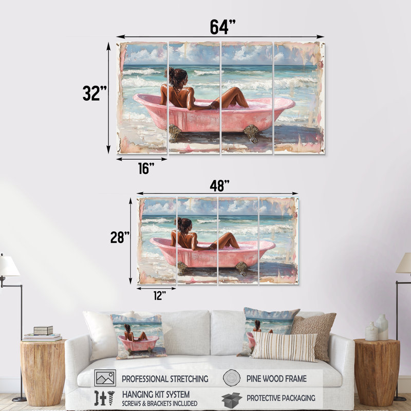 Femme dans une baignoire sur Palm Beach I - Ensemble de décoration murale de salle de bain, H 28 po x l 48 po