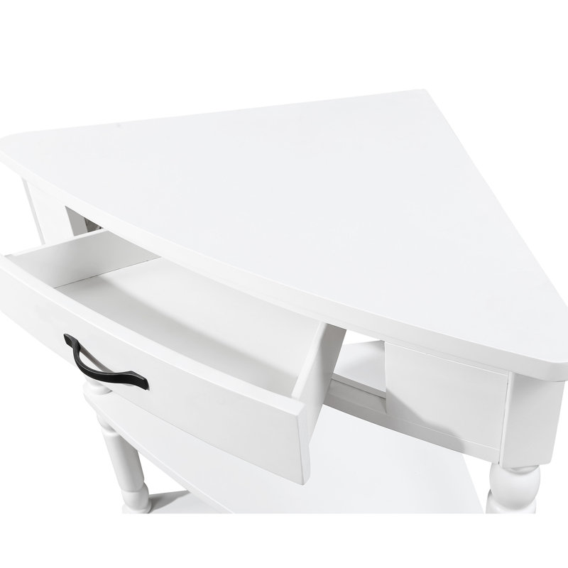 3 Tier Milk White Corner Table, 33.8'', Solid Wood Legs For Performance Table With Compact Spaces - 33.8'' Triangle End Living Room, Bedroom, Bathroom, Corridor, Balcony Quick Installation Steps