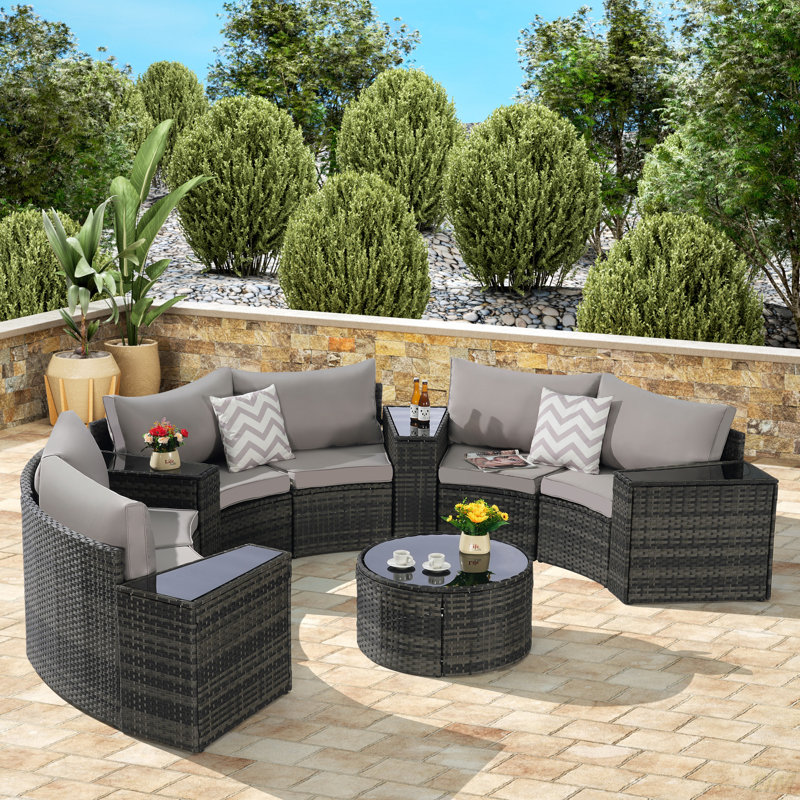 Outdoor Patio Furniture 11-Piece Half-Moon Sectional Round Patio Furniture Set Sofa With Tempered Glass Round Coffee Table(Patio Sofa)