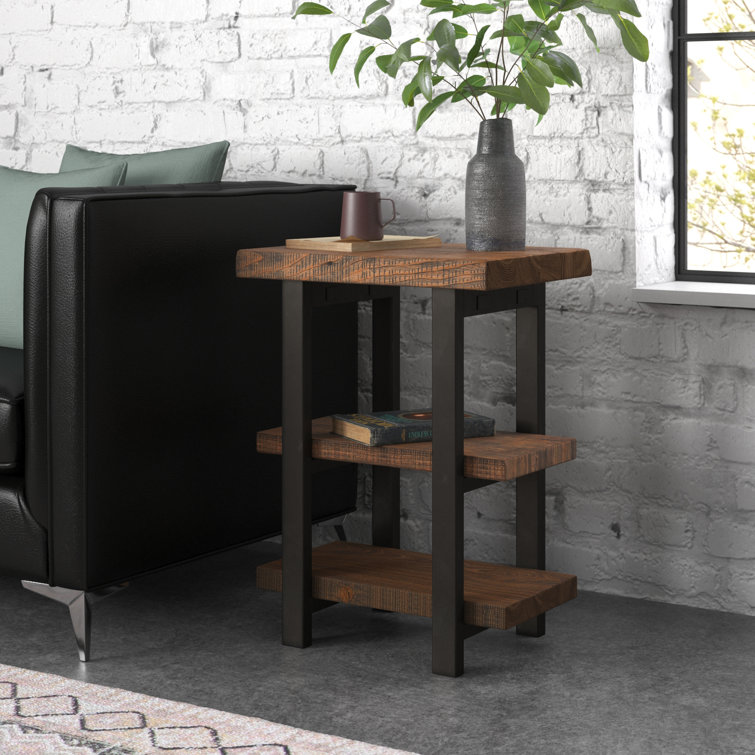 Rundell Rustic Industrial Natural 2-Shelf Solid Pine Wood End Table with Metal Legs, 17 in. L x 20 in. W x 27 in. H, Solid Wood Finish for Living Room Furniture, Brown