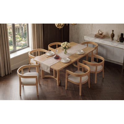 Ensemble de table de salle à manger pour 6 personnes Trexm, ensemble de table de cuisine rectangulaire avec 6 chaises rembourrées à dossier demi-tonneau, table de salle à manger en grain de bois avec dossier incurvé et sièges rembourrés (naturel)