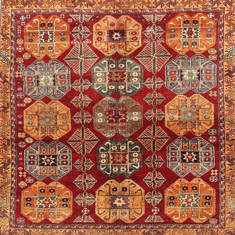 Tapis rouge/jaune traditionnel, Carré 4 pi