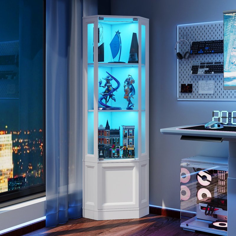 Vitrine de coin 65 "avec porte vitrée, lumières DEL et tablettes réglables, Blanc