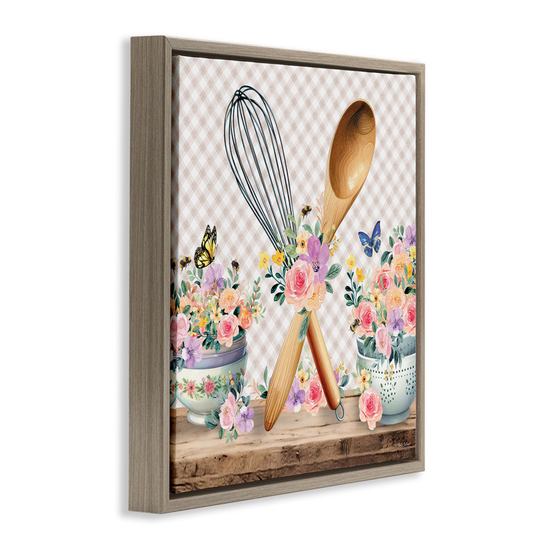 «Crossed Utensils on Gingham Floater», art mural sur toile par Nicole DeCamp, Cadre flottant orme Montalcino