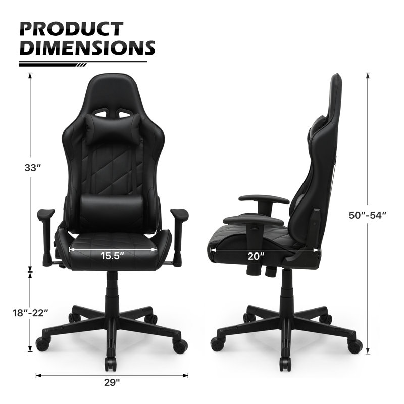 Inbox Zero Adjustable Reclining Ergonomic Swiveling PC & Racing Game Chair with Footrest, Black