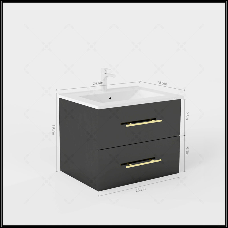 Meuble-lavabo mural avec lavabo, tiroirs doubles, lavabo en céramique, assemblage facile, 24", Noir