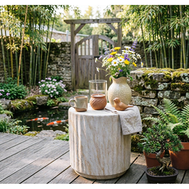 Cylinder MGO Outdoor Side Table With Wave Design – Lightweight Accent Table, Round Plant Stand For Garden/Patio/Balcony