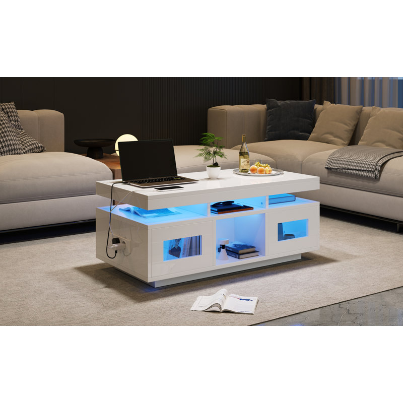 Table basse Aroa moderne ultrabrillante avec lumières DEL, ports USB et rangement caché, Blanc