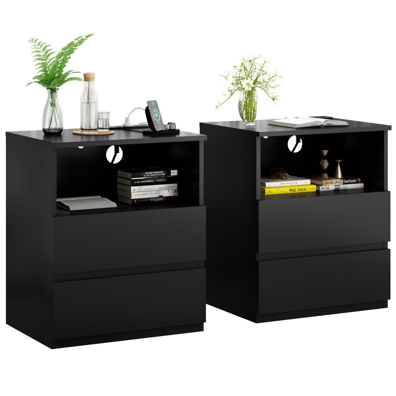 (Ensemble de 2) table de bout avec station de charge USB C rapide, canapé avec 2 tiroirs, grande armoire de rangement moderne en bois pour le salon, la chambre à coucher, le bureau