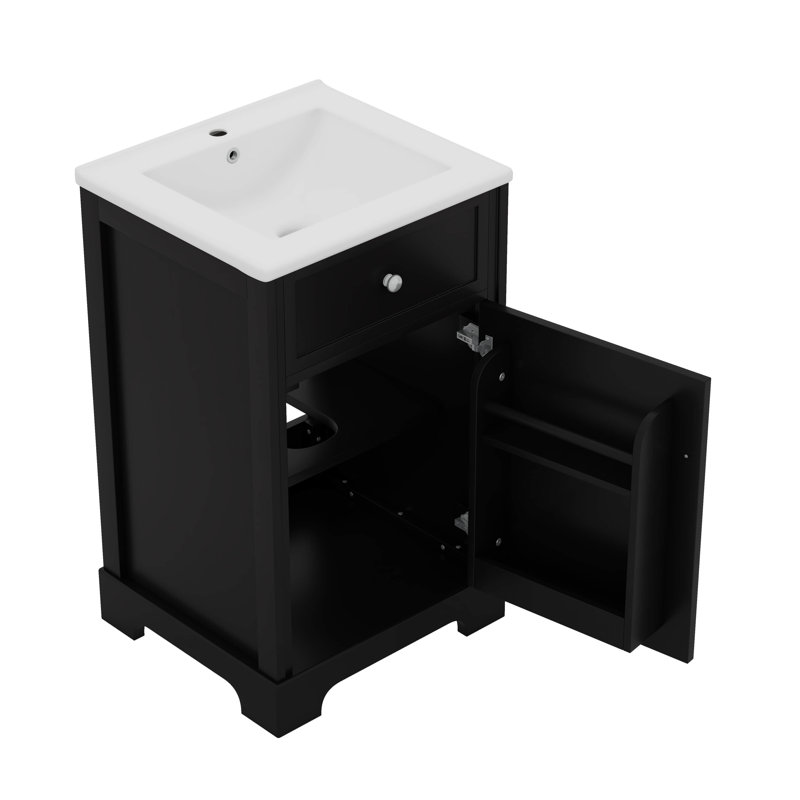 Meuble-lavabo moderne de 20 pouces avec lavabo en céramique et tablette réglable, Noir