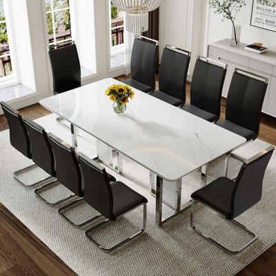 White Dining Table Set For 8, 78.7" Dining Table Set With Chrome Plate Leg, Modern Kitchen Table And Chairs Set Of 8 For Dinner Room,High Glossy,Sturdy Structure