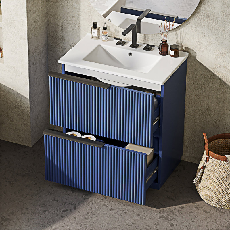Freestanding Bathroom Vanity With Ceramic Sink And Drawers, Blue