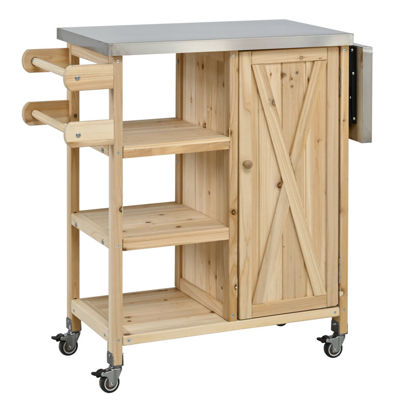Îlot de cuisine extérieur pliable avec roulettes verrouillables et armoire de rangement pour patio, Naturel