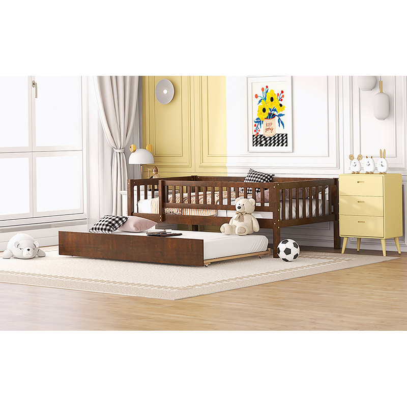Wood Daybed With Trundle And Fence Guardrails, Walnut, Twin
