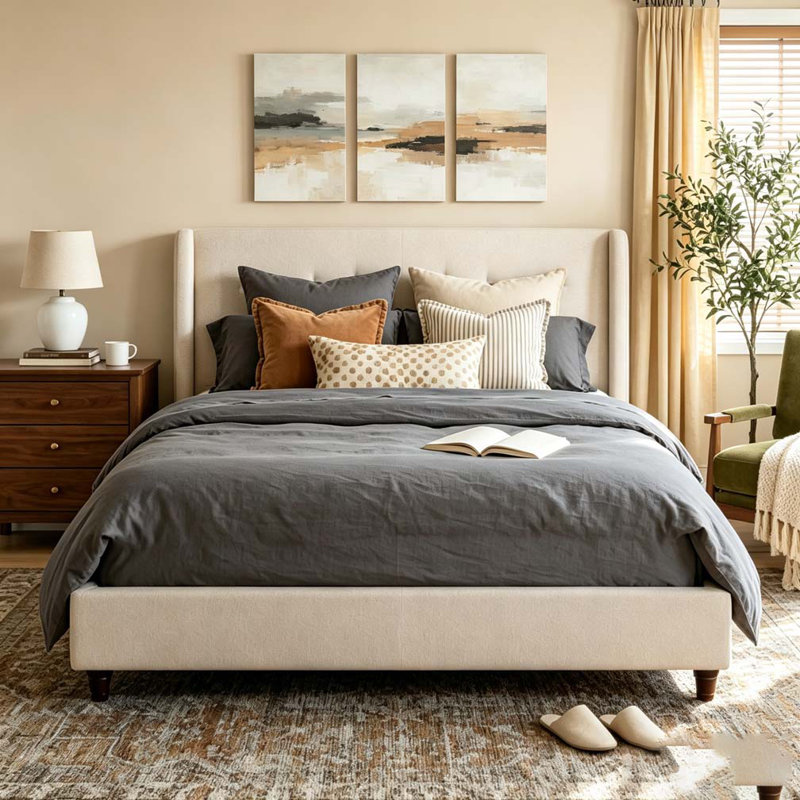 Base de lit tapissier 52,7 po, Taupe, Grand lit