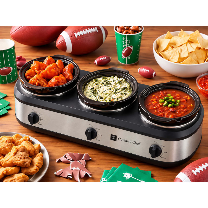 Culinary Chef 3 x 2.5 Qt. Triple Slow Cooker, Individual Temperature Controls, Tempered Glass Lids, Stainless Steel