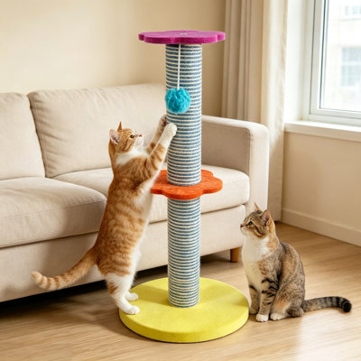 Grattoir de 25,59 po de hauteur en sisal naturel, arbre à chat à plusieurs niveaux avec jouet à pompon interactif, base ronde stable pour chats d'intérieur 11,81 po