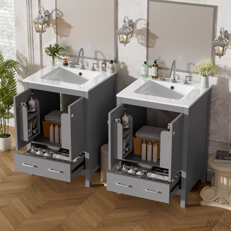 Meuble-lavabo de 48 pouces avec lavabo encastré intégré, tiroir divisé, Gris