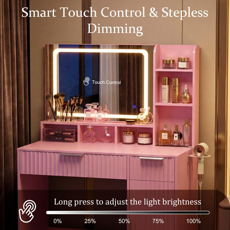 Makeup Vanity Desk With Lighted Mirror And Power Strip, Modern Fluted Vanity Table With 3-Color Touch Dimming, Hair Dryer Holder, Storage Cabinet & Drawers For Bedroom, Pink