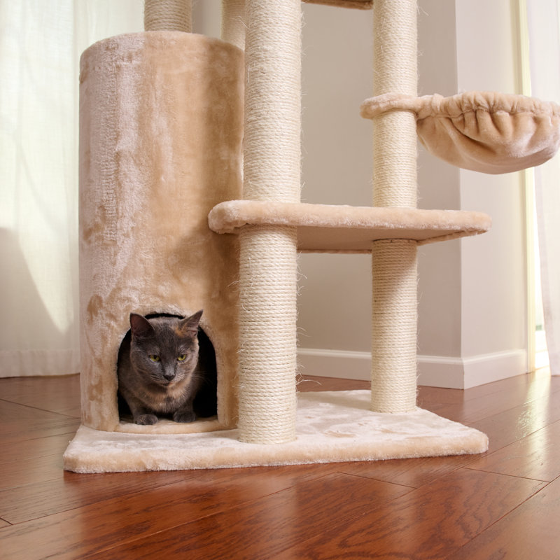 84-Inch Beige Faux Fur Multi-Level Cat Tree with Sisal Posts