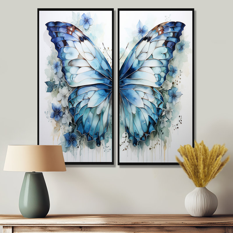 «Butterfly Watercolor Wings I», art mural bleu, H 32 po x l 32 po, Reproduction encadrée sans passe-partout, Noir