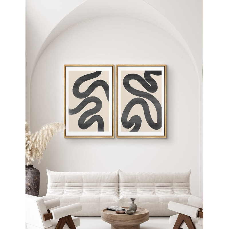 " Black Squiggly Lines Over Tan " 2 - Pieces, 24" H x 16" W, Natural