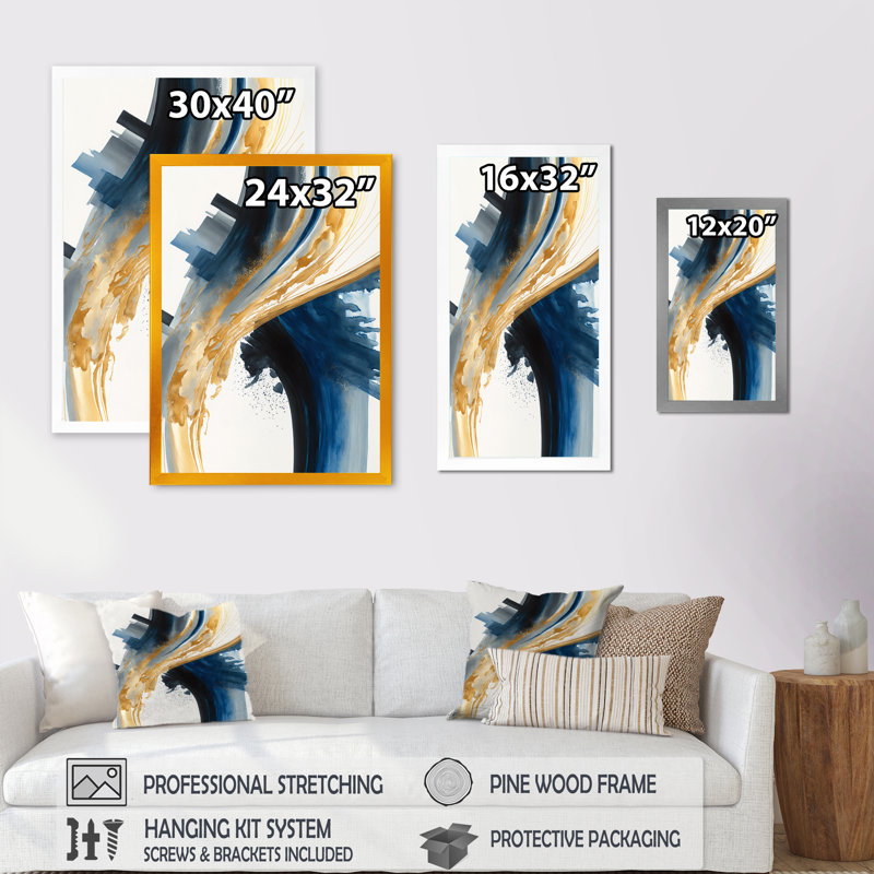 Bleu et or tourbillon abstrait I - abstrait spirales murales, Cadre photo noir, H 20 po x l 12 po x P 1 po