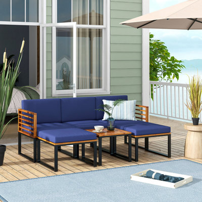 Ebern Designs 6pcs Patio Conversation Sofa Set Acacia Wood Outdoor Furniture Set W/ Navy Cushions