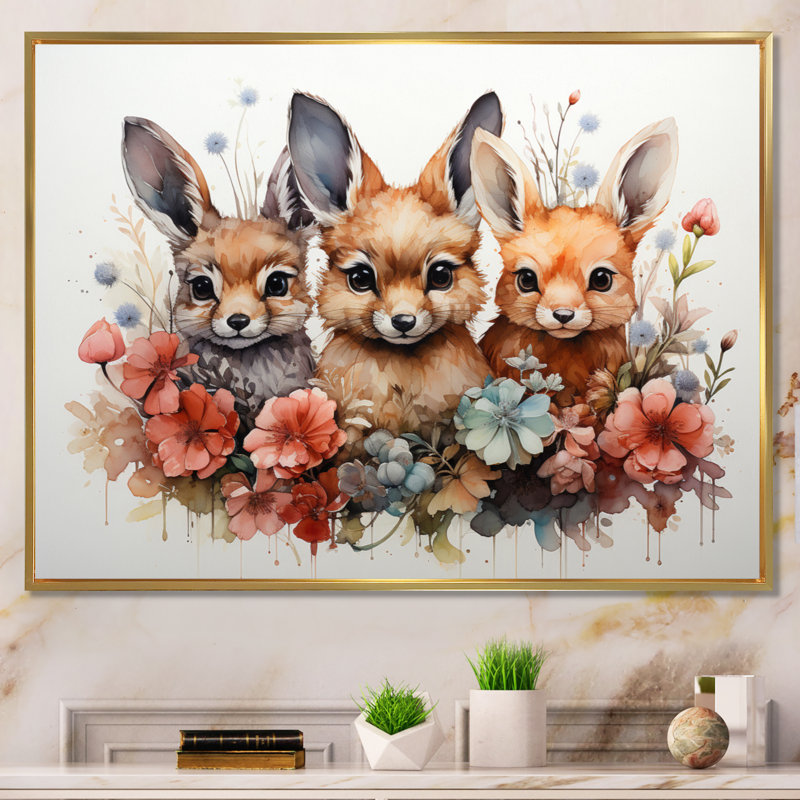 «Dry Watercolor Whimsical Animals» sur impression sur toile, H 24 po x l 32 po, Cadre flottant doré