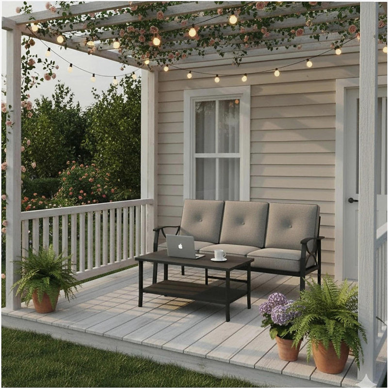 2 Piece Outdoor Patio Set, 70” All-Weather Metal 3-Seat Metal Patio Sofa and Rectangular coffee Table , Black Frame with Gray Cushions