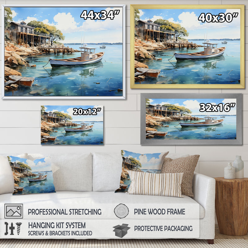 «Port Harbor Reflections» sur impression sur toile, Encadrement doré, H 34 po x l 44 po x P 1,5 po