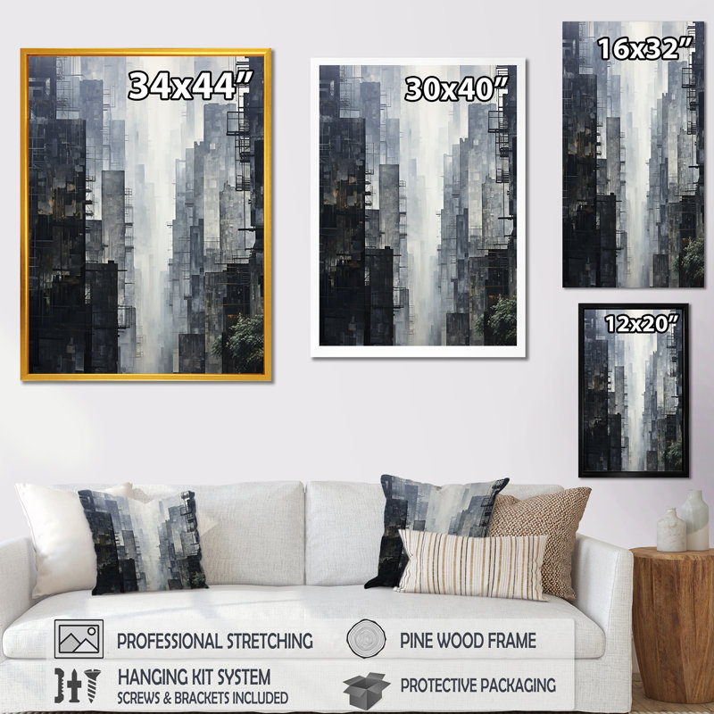 Horizon I, gratte-ciel gris - art mural gratte-ciel, H 32 po x l 16 po x P 1 po, Cadre simple noir