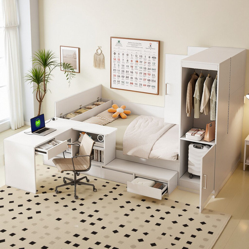 Lit plateforme multifonctionnel tout-en-un avec rangement en bois avec poste de travail et garde-robe, Blanc